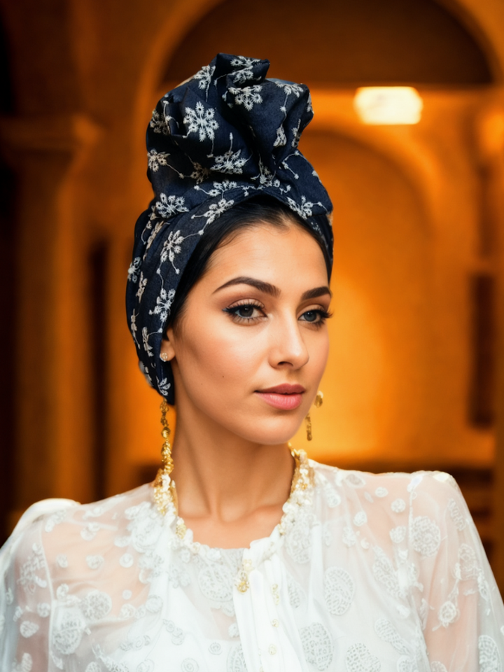 Denim Floral Turban-Dark