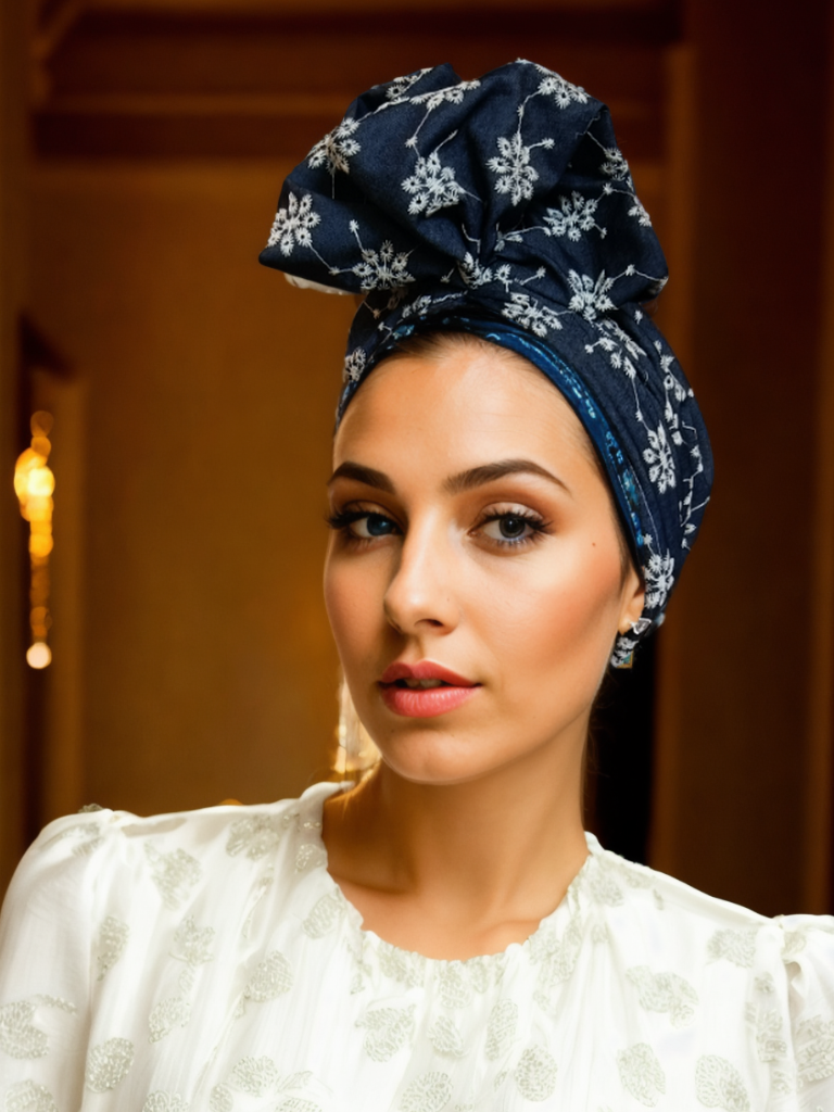 Denim Floral Turban-Dark