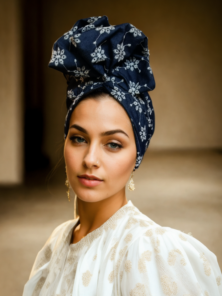 Denim Floral Turban-Dark