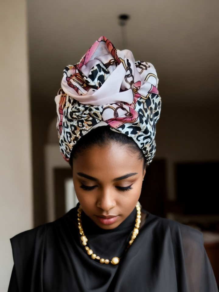 Leopard pink flower Turban