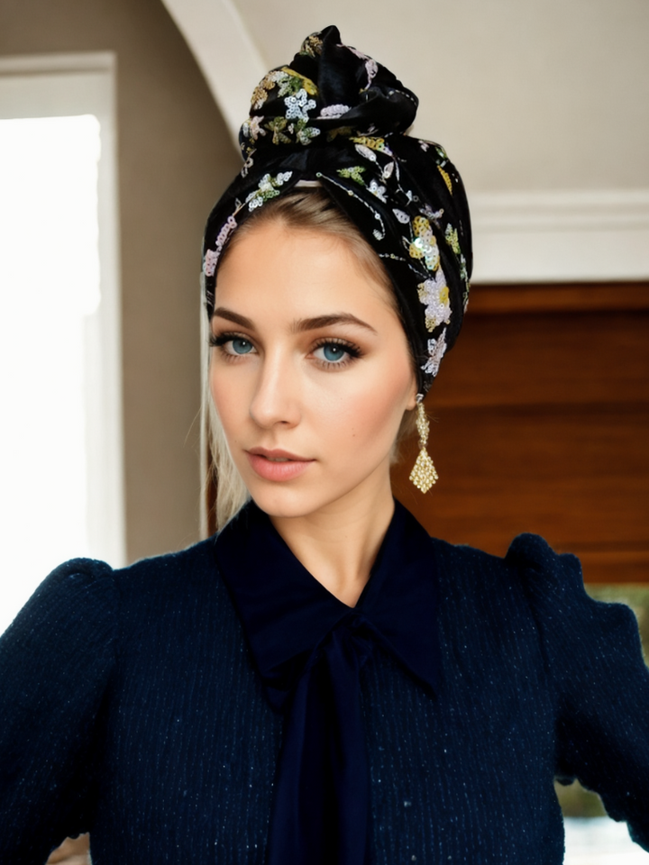 Black Sequin Floral Turban