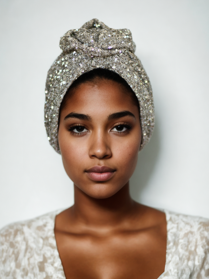 Glamour Silver Turban Head Wrap