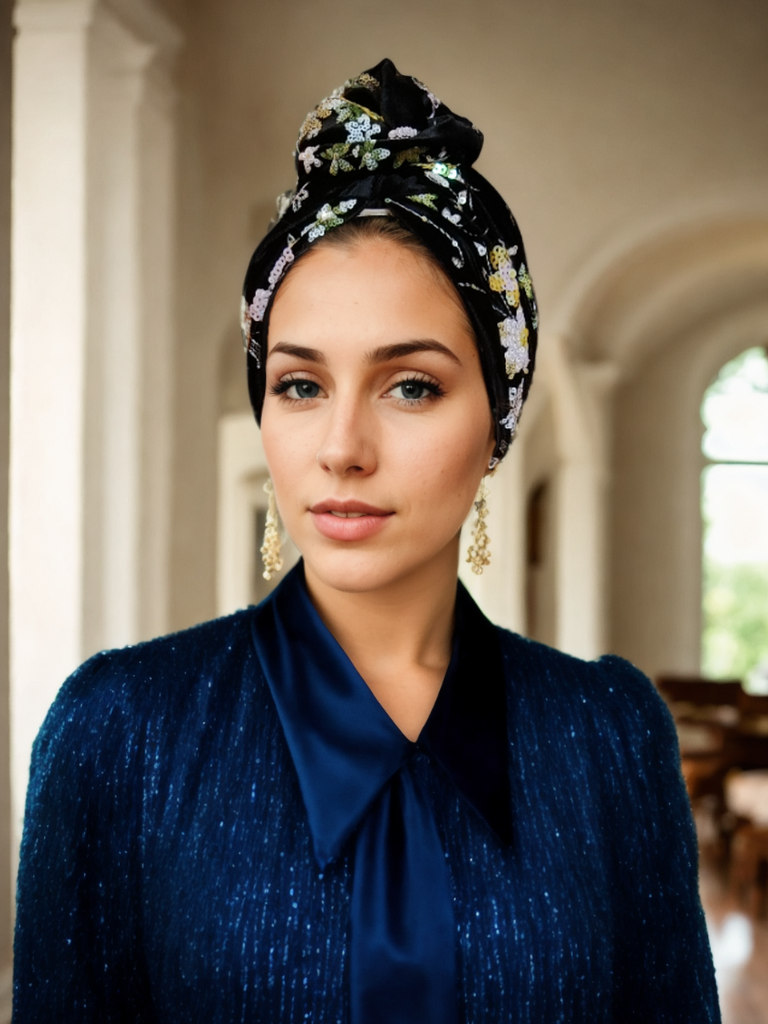 Black Sequin Floral Turban