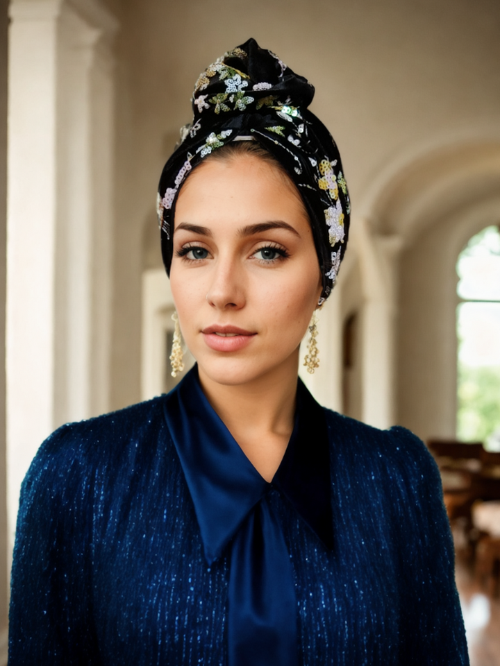 Black Sequin Floral Turban