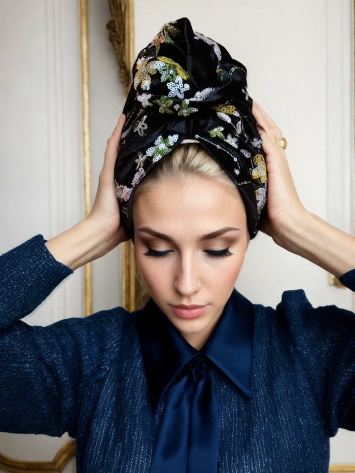 Black Sequin Floral Turban