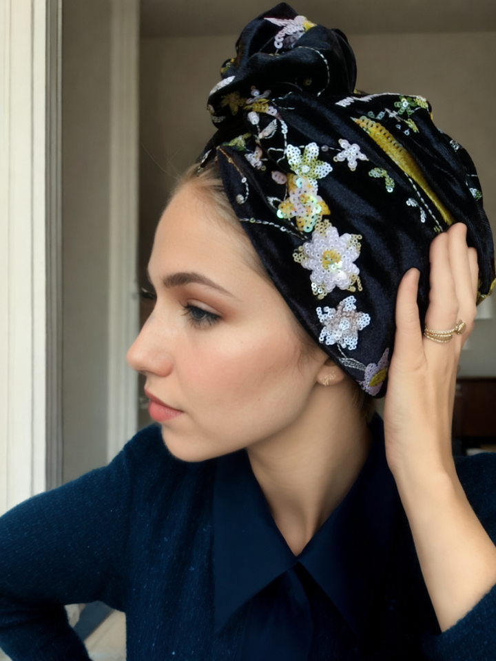 Black Sequin Floral Turban