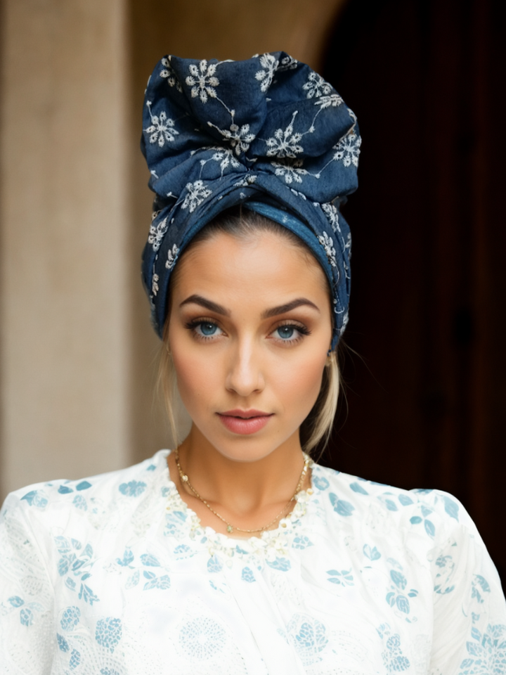 Denim Floral Turban-Light